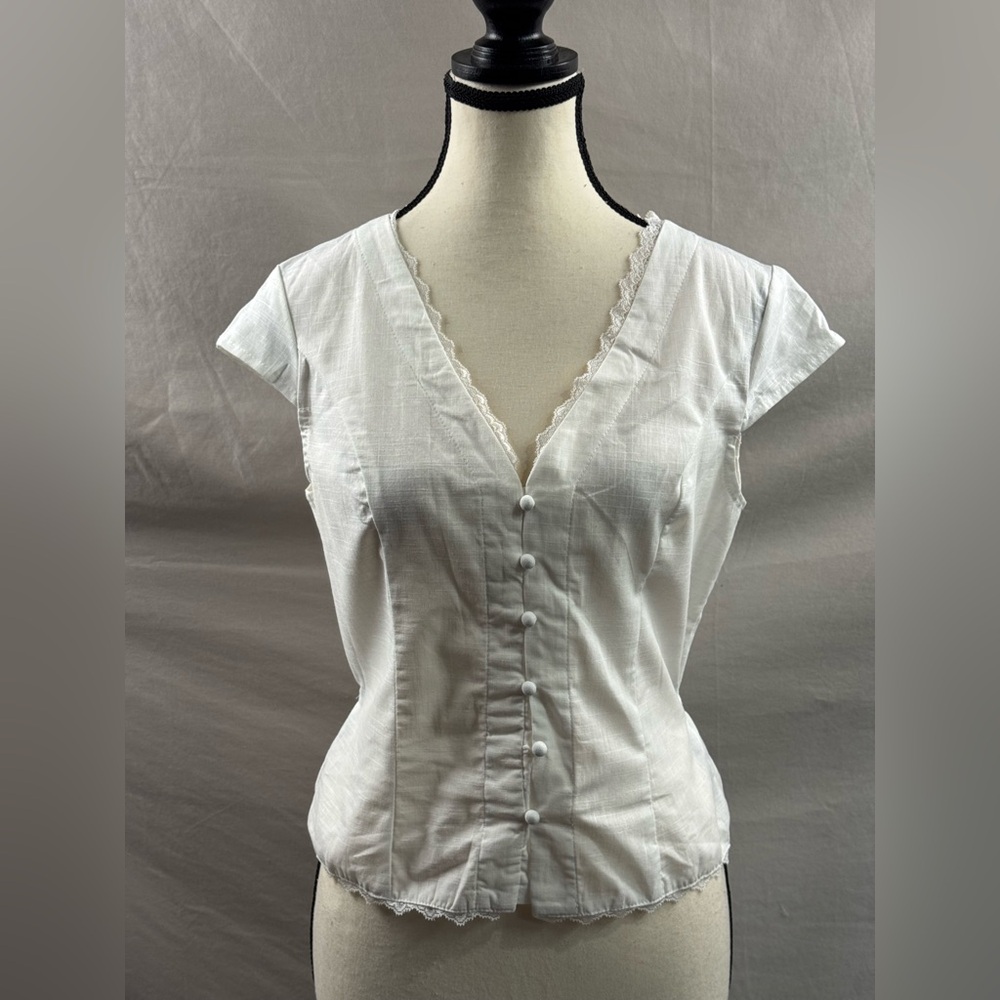 Boho Lace Cap Sleeve Single Button Blouse White - Picture 8 of 9
